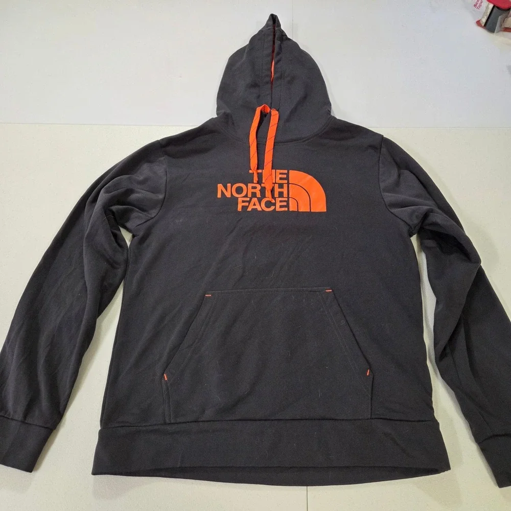 The North Face Mens Small Black Orange Logo Pullover Hoodie Sweatshirt